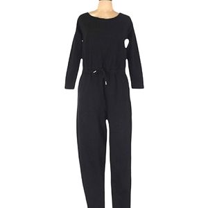 ASOS Black Jumpsuit Size 12 Boat Neck Tie Waist 100% Cotton Raw Hem Neckline